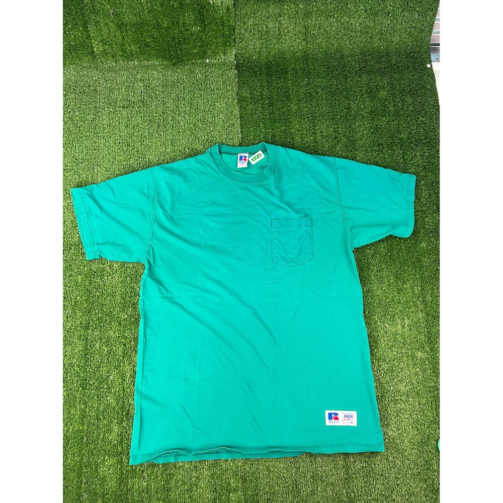 Vintage Russell Athletic High Cotton Pocket T-Shirt Made in USA Teal Green XL